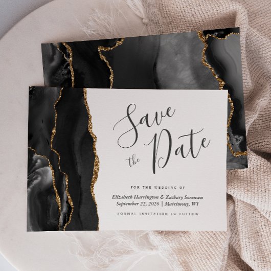 Modern Black Gold Agate Save the Date Kaart
