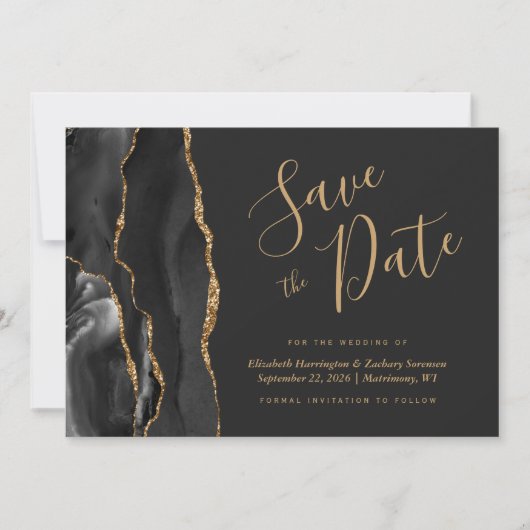 Modern Black Gold Agate Save the Date Kaart (Voorkant)