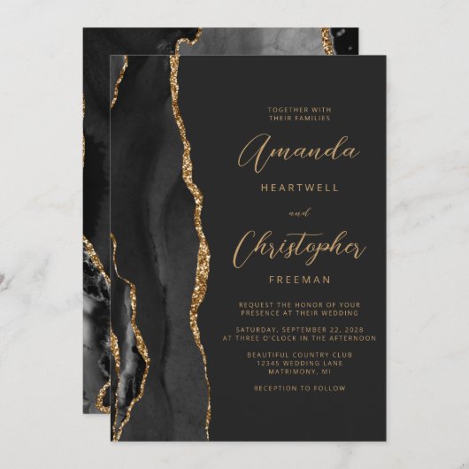 Modern Black Gold Agate Script Slate Weddenschap Kaart (Voorkant / Achterkant)