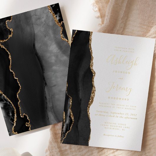 Modern Black Gold Agate Wedding Folie Uitnodiging