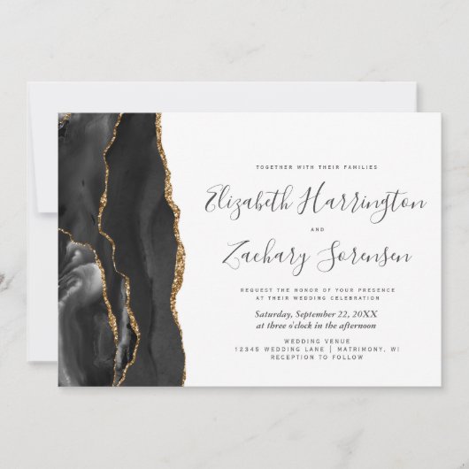 Modern Black Gold Agate Wedding Invitation Kaart (Voorkant)