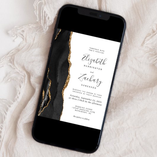Modern Black Gold Agate Wedding Kaart