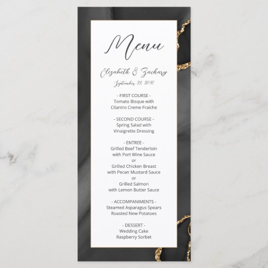 Modern Black Gold Agate Wedding Menu (Voorkant)