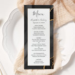 Modern Black Gold Agate Wedding Menu<br><div class="desc">Dit elegante,  moderne trouwmenu is voorzien van een waterverf zwarte achtergrond,  getrimd met gouden faux glitter. De tekst verschijnt in elegante groentekool grijze handschrift en copperplate doopvonten op een witte rechthoek. Het agate ontwerp wordt herhaald op de achterzijde.</div>