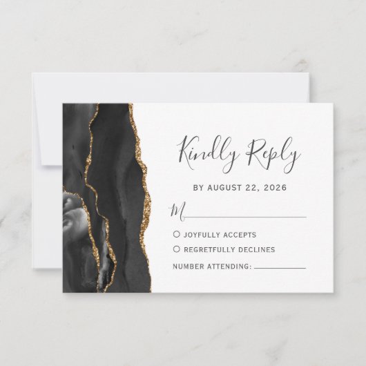 Modern Black Gold Agate Wedding RSVP Kaartje (Voorkant)
