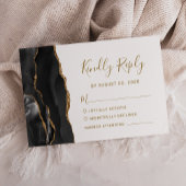 Modern Black Gold Agate Wedding RSVP Kaartje