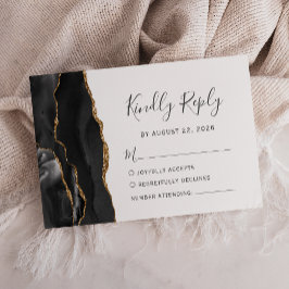 Modern Black Gold Agate Wedding RSVP Kaartje