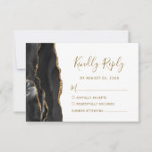 Modern Black Gold Agate Wedding RSVP Kaartje (Voorkant)
