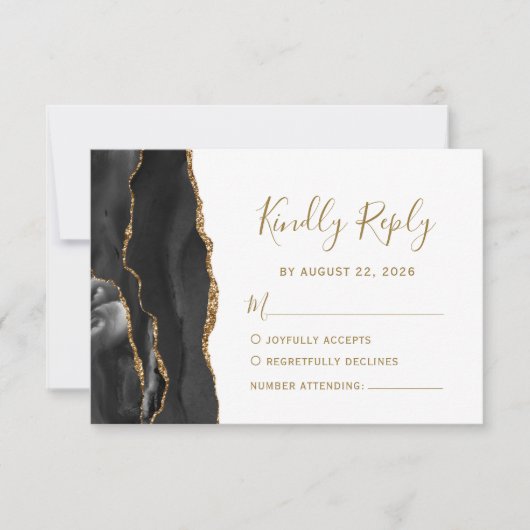 Modern Black Gold Agate Wedding RSVP Kaartje (Voorkant)