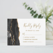 Modern Black Gold Agate Wedding RSVP Kaartje (Staand voorkant)