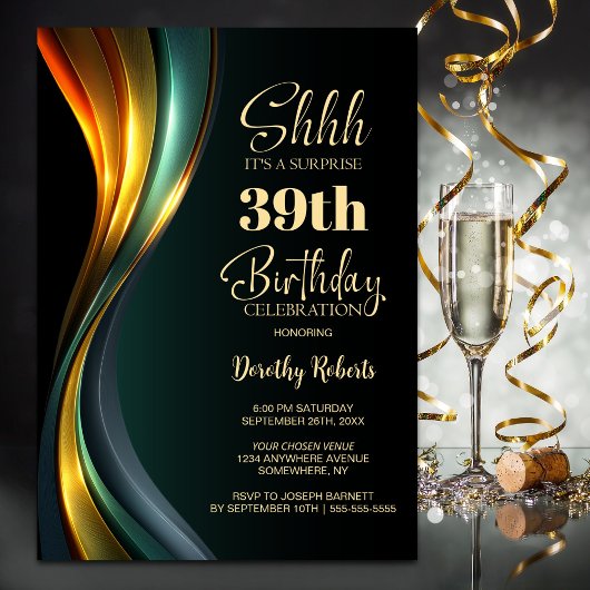 Modern Black Gold Any Age Surprise Birthday Party Kaart