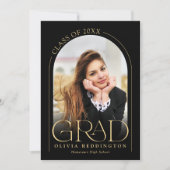 Modern Black Gold Arch Foto Graduparty Kaart (Voorkant)