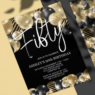 Modern Black Gold Balloon, 50e verjaardag uitnodig Kaart