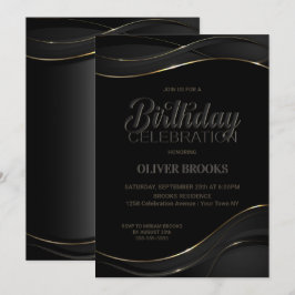 Modern Black Gold Birthday Celebration Invitation Kaart