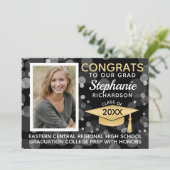 Modern Black Gold Bokeh Bubbles Foto Afstuderen Kaart (Staand voorkant)