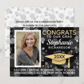 Modern Black Gold Bokeh Bubbles Foto Afstuderen Kaart (Voorkant / Achterkant)