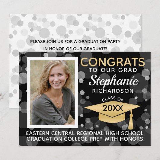 Modern Black Gold Bokeh Bubbles Foto Afstuderen Kaart (Voorkant / Achterkant)