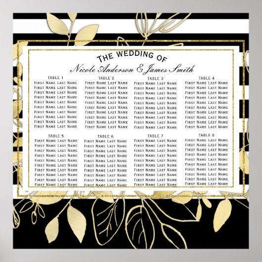 Modern Black Gold Botanical Glam Weddin Seat Chart Poster (Voorkant)