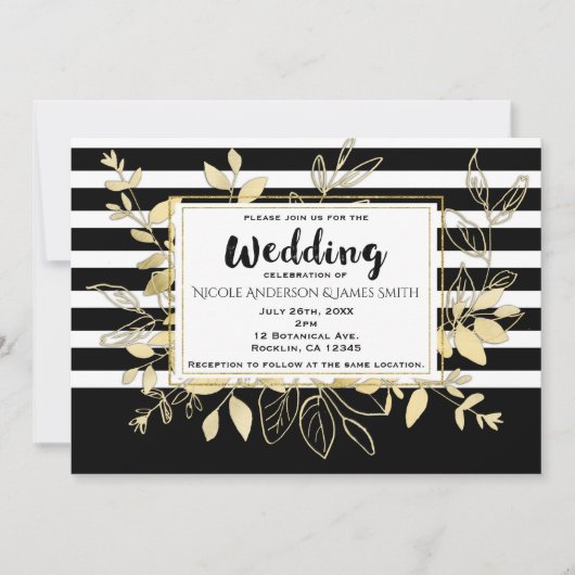 Modern Black Gold Botanical Glamor Chic Wedding Kaart (Voorkant)