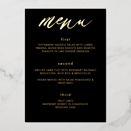 Modern Black Gold Calligraphy Wedding Menu Folie Uitnodiging (Voorkant)
