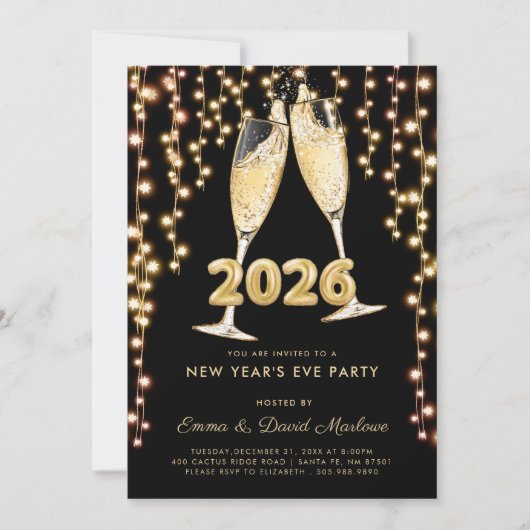 Modern Black Gold Champagne 2026 New Years Eve Kaart (Voorkant)