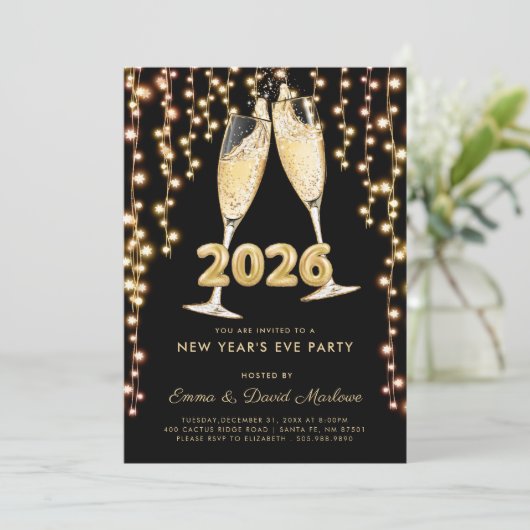 Modern Black Gold Champagne 2026 New Years Eve Kaart (Staand voorkant)
