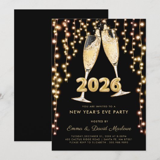 Modern Black Gold Champagne 2026 New Years Eve Kaart (Voorkant / Achterkant)