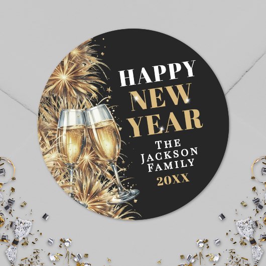 Modern Black Gold Champagne New Year's Eve Party Ronde Sticker