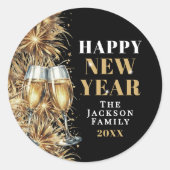Modern Black Gold Champagne New Year's Eve Party Ronde Sticker (Voorkant)