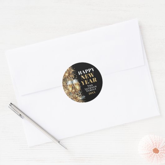 Modern Black Gold Champagne New Year's Eve Party Ronde Sticker (Envelop)