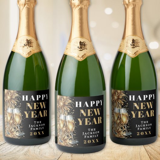 Modern Black Gold Champagne New Year's Eve Party Sparkling Wijnetiket