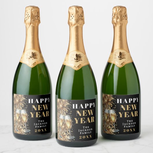 Modern Black Gold Champagne New Year's Eve Party Sparkling Wijnetiket (Flessen)