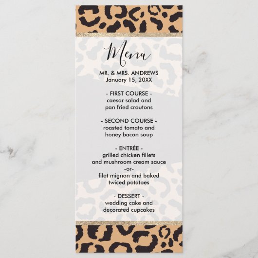 Modern Black Gold Cheetah Leopard Animal Print Menu (Voorkant)