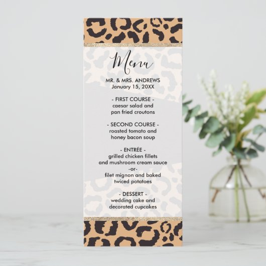 Modern Black Gold Cheetah Leopard Animal Print Menu (Staand voorkant)