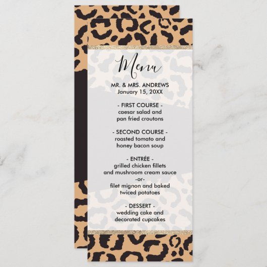 Modern Black Gold Cheetah Leopard Animal Print Menu (Voorkant / Achterkant)