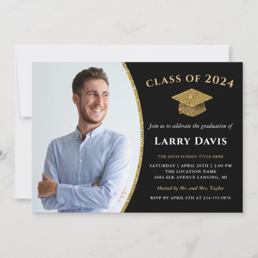 Modern Black & Gold Confetti Photo Afstuderen Kaart (Voorkant)