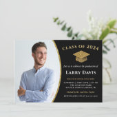 Modern Black & Gold Confetti Photo Afstuderen Kaart (Staand voorkant)