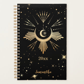 Modern Black Gold Cosmic Stars Moon Name Year Planner