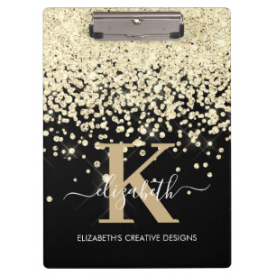 Modern Black Gold Diamond Glitter Monogrammed Klembord
