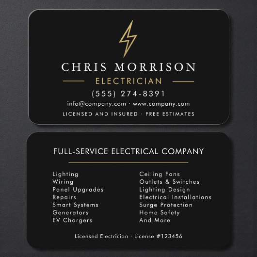Modern Black Gold Electrician Contractor Visitekaartje