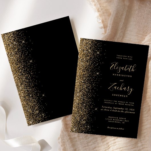 Modern Black Gold Faux Glitter Edge Wedding Kaart