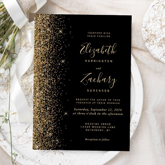 Modern Black Gold Faux Glitter Edge Wedding Kaart