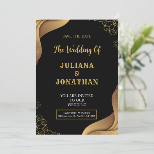 Modern Black Gold Floral Elegant Wedding Kaart (Staand voorkant)