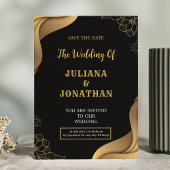 Modern Black Gold Floral Elegant Wedding Kaart