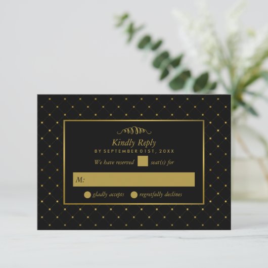 Modern Black & Gold Foil-effect Weddenschap RSVP Kaartje (Staand voorkant)