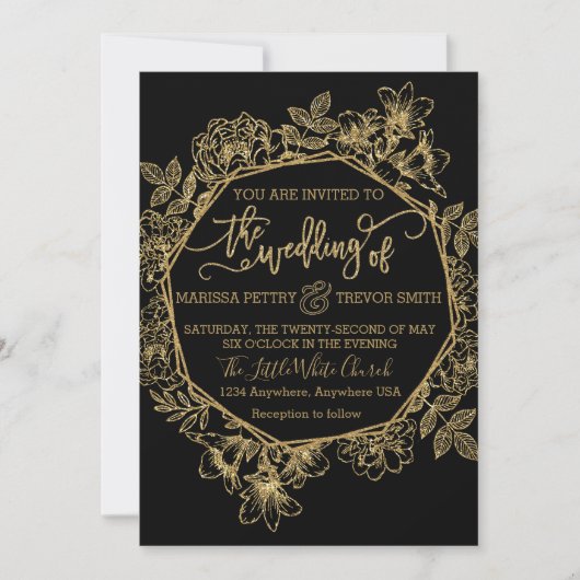 Modern Black & Gold foil floral Wedding Kaart (Voorkant)
