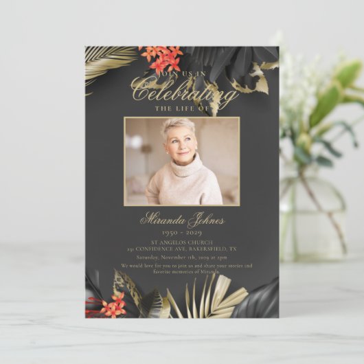 Modern Black Gold Funeral Photo Memorial Kaart (Staand voorkant)