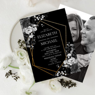 Modern Black Gold Geometric Floral Photo Wedding Kaart