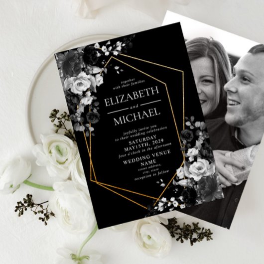 Modern Black Gold Geometric Floral Photo Wedding Kaart