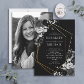 Modern Black Gold Geometric Floral Photo Wedding Kaart